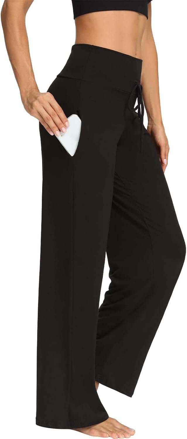 Detalle de DDOBB women’s wide-leg yoga pants with pockets, high waist stretch and tummy control