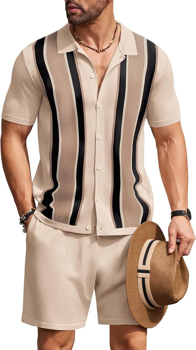 Detalle de COOFANDY Men’s Vintage 2-Piece Knit Polo & Beach Shorts Set (Short Sleeve Button-Down)
