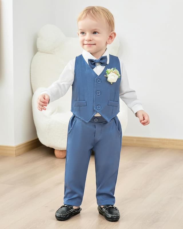 Detalle de Baby-Jungen Gentleman-Set (0–18 Monate) von ZOEREA: Langarm-Strampler mit Fliege, Weste, Korsage & Hosenträger