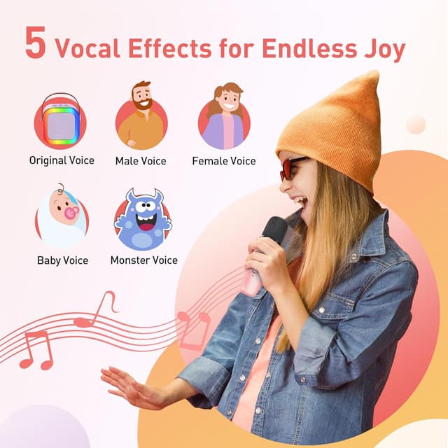 Detalle de Ankuka Microfono Bambini Karaoke con Bluetooth e cambia voce, luci LED rosa