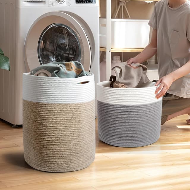 Detalle 2 de SYLANDO 45L geflochtener Baumwollkorb mit Griffen (H45 cm, Ø38 cm) – Aufbewahrung für Spielzeug, Wäsche & mehr