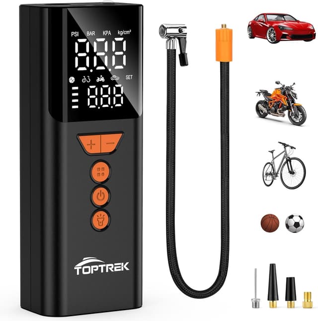Detalle de toptrek Elektrische Luftpumpe (150 PSI) kabellose Akku-Fahrradpumpe mit LED, Powerbank-Funktion & USB‑C