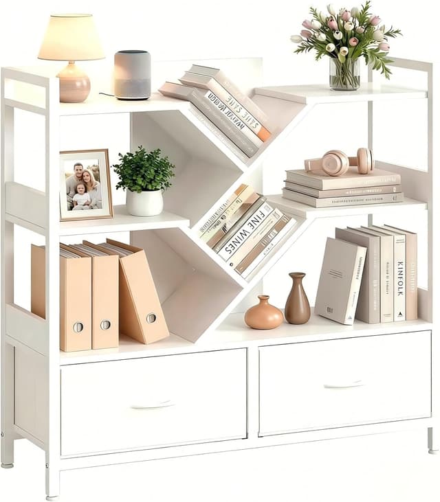 Detalle de IRONCK Bookcase with 2 Drawers, Metal Frame Storage Shelf on Wheels (100x32x100cm) – White
