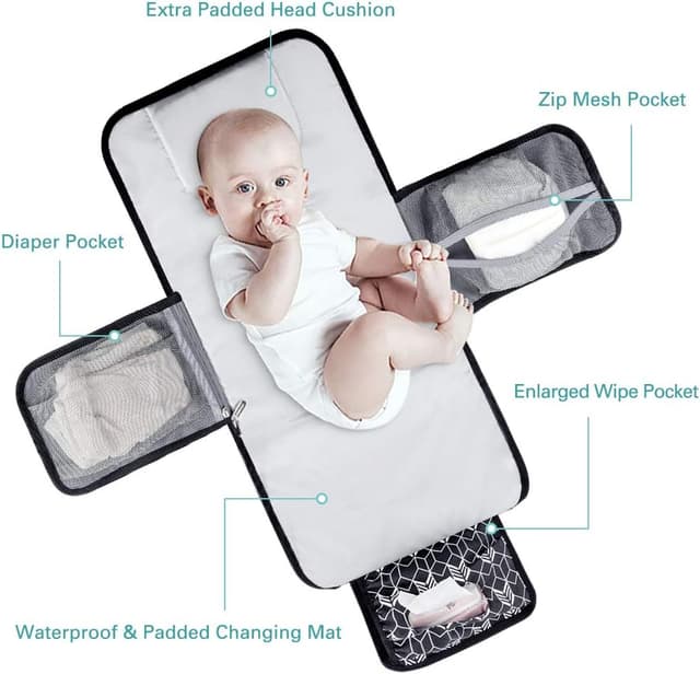 Detalle de Lekebaby Portable Nappy Changing Mat (Black) with Wipe-Pocket & Head Cushion