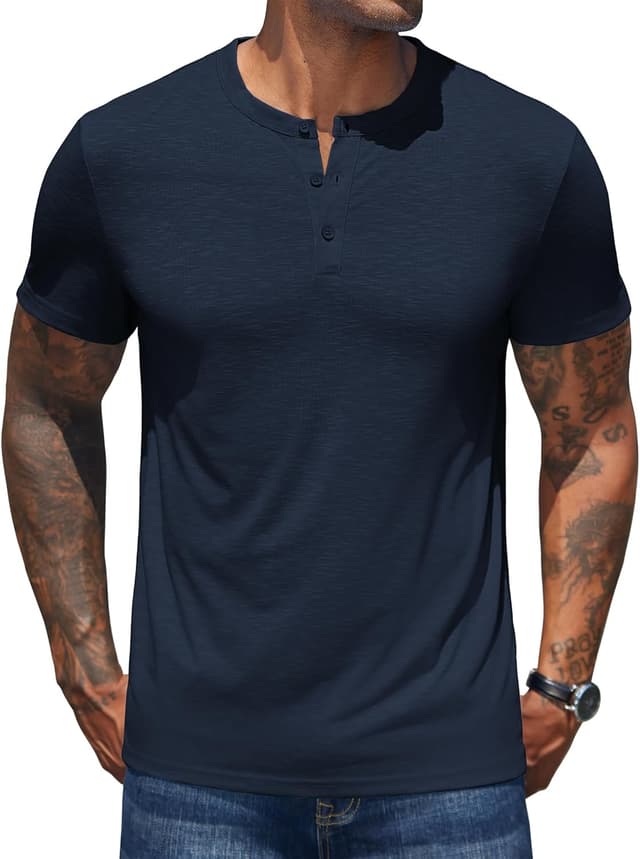 Detalle de COOFANDY T-shirt Henley homme à manches courtes avec col boutonné