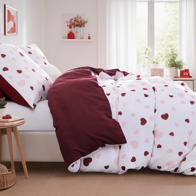 Detalle de Aisbo Bettwäsche 135x200 4-teilig (2 Bettbezüge + 2 Kissenbezüge) Mikrofaser mit Reißverschluss – Herzen Rosa/Rot
