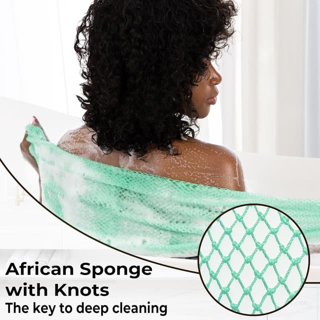 Detalle de African Net Sponge Authentic — 2-piece body back scrubber bath sponge set (Seawave & Lilac)