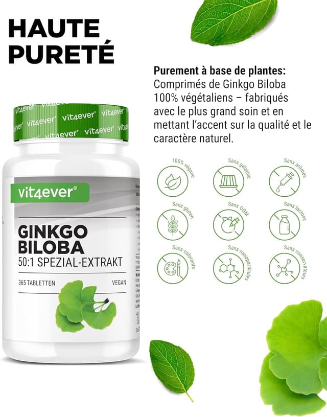 Detalle de Vit4ever Ginkgo Biloba 6000 mg – Extrait premium, 365 comprimés (vegan)