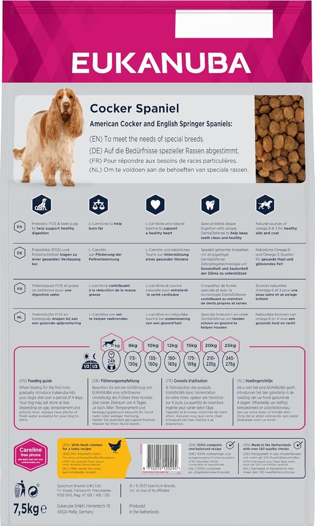 Detalle de Eukanuba Breed Specific Cocker Spaniel Adulti, alimento secco con prebióticos e DentaDefense, 7,5 kg