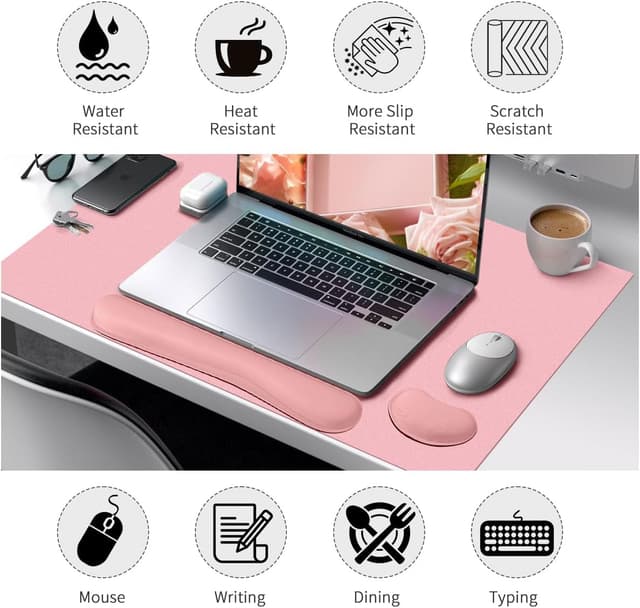 Detalle de Niviy Desk Mat with Wrist Rest (60 x 35 cm) – PU leather desk protector in pink