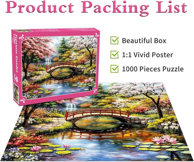 Detalle de Japanese Garden 1000-Piece Jigsaw Puzzle (Cherry Trees & Water Lilies) for Adults