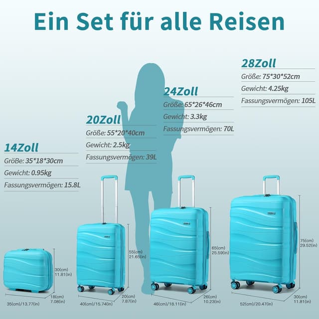 Detalle 2 de KONO Handgepäckkoffer 55 cm mit TSA-Schloss, Polypropylen-Hartschale und 4 Rollen (hellblau)