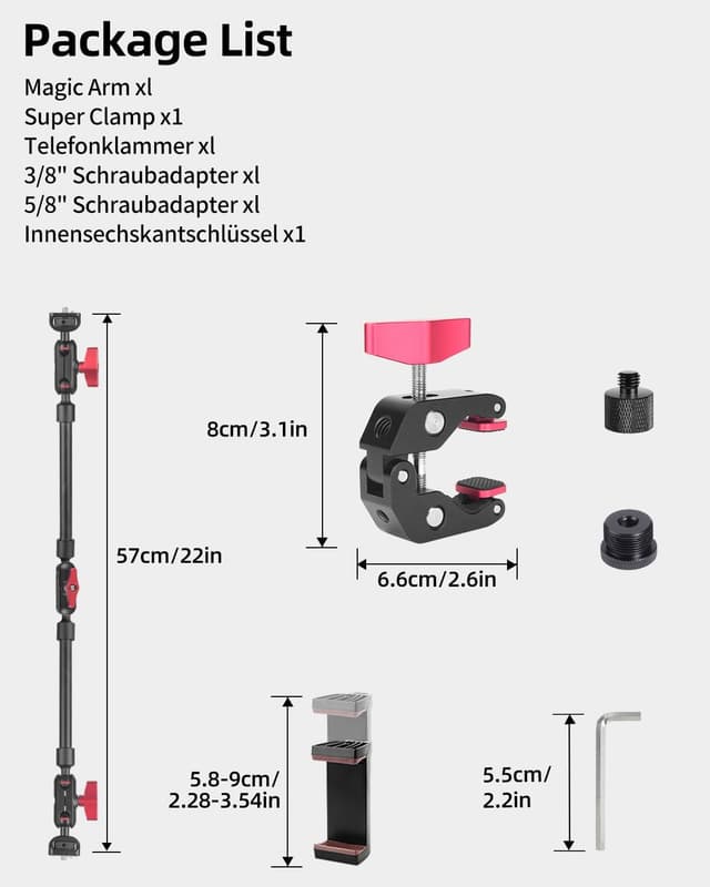 Detalle 2 de JEBUTU 56 cm Magic Arm mit Super Clamp, 360° flexibler Tischhalter mit 1/4"-Gewinde – schwarz/rot