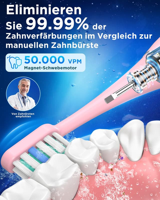 Detalle de Elektrische Schallzahnbürste für Erwachsene und Kinder mit 5 Putzmodi, Timer und 8 Bürstenköpfen
