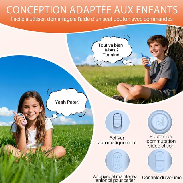Detalle de FUNYKICH Talkies-Walkies vidéo enfants écran IPS 2 pouces (lot de 2) rechargeable USB-C, portée jusqu’à 350 m