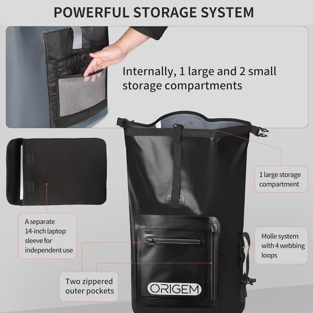 Detalle 2 de Origem Zaino Impermeabile Roll-Top Dry Bag 35L/55L/85L con custodia per laptop
