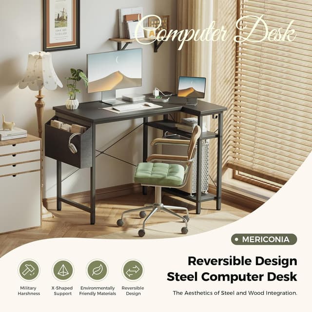 Detalle de Mericonia Small L-Shaped Desk with Power Outlets (140x70 cm) and Reversible Shelves, Black