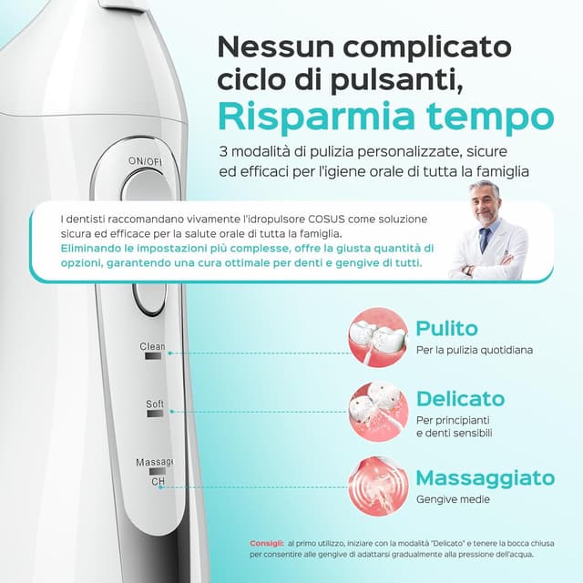 Detalle de COSLUS C20 idropulsore dentale portatile senza fili ricaricabile IPX7, 300 ml