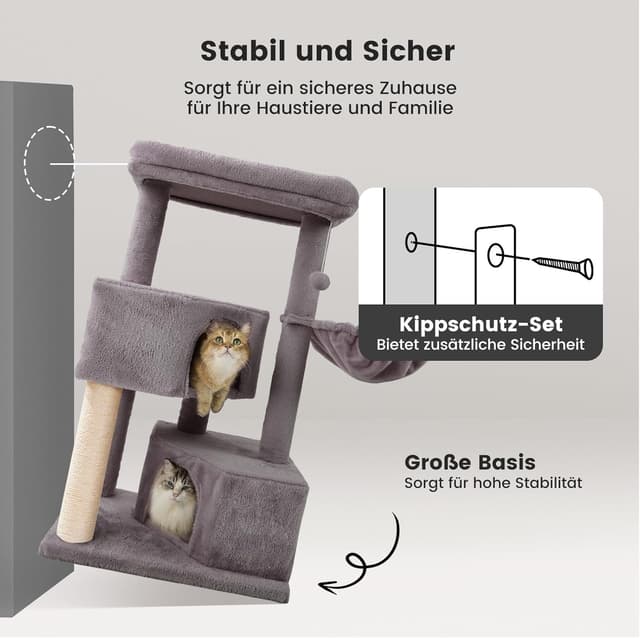 Detalle 2 de Gardner Pet Katzenbaum groß (105 cm) – Kletterbaum mit Kratzsäule, Plattform, 2 Höhlen und Korb, Dunkelgrau