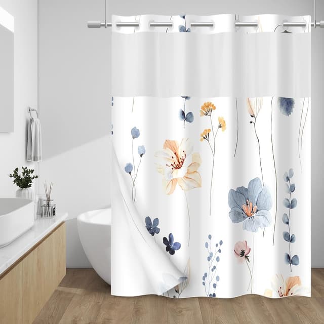 Detalle de WITHLOC No Hook Shower Curtain with Snap-in Liner (Watercolor Floral, Plants Blue/Beige) — 71 x 74 Inch