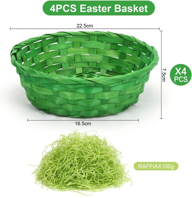 Detalle 2 de Osterkörbchen-Set mit Deko Gras (4 Stück) – grüne Weidenkörbchen zum Befüllen, 22,5 × 7,5 cm