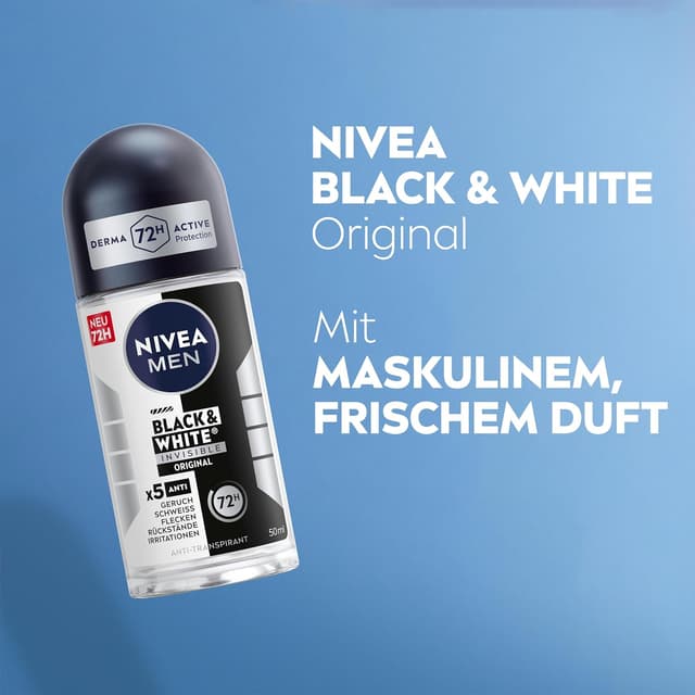 Detalle de NIVEA MEN Black & White Invisible Original Deo Roll-On – Antitranspirant mit 72h Schutz, Anti-Flecken-Formel (50 ml)