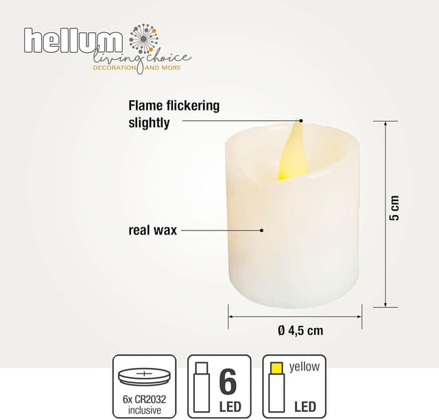 Detalle 2 de Hellum 6 candele LED in vera cera (Ø 5 x 5 cm), con batterie CR2032 incluse, luce bianco caldo per interni