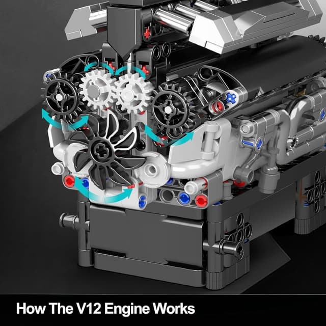 Detalle de Mould King 10205 Technik V12 – moteur en blocs de construction (733 pièces) avec boîtier batterie 9V