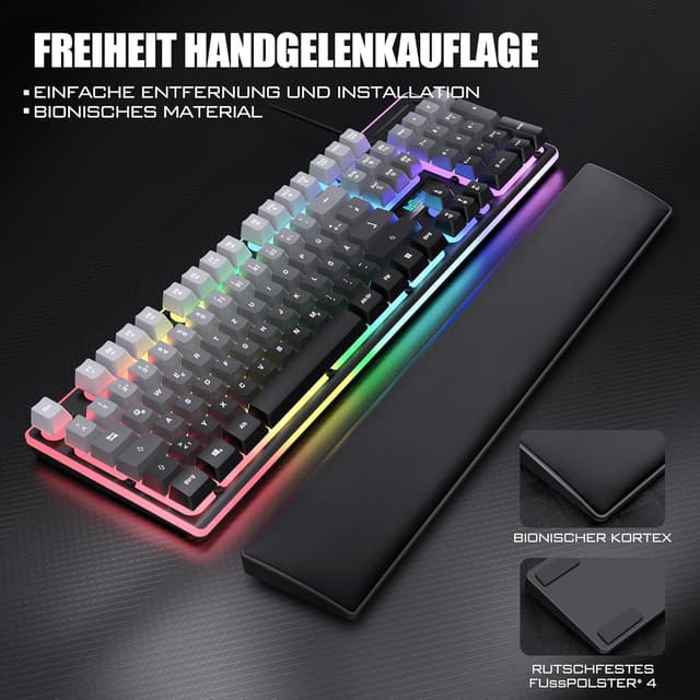 Detalle de RedThunder K10 Gaming Tastatur & Maus Set (QWERTZ, 26KRO, RGB) inkl. weicher Leder-Handballenauflage