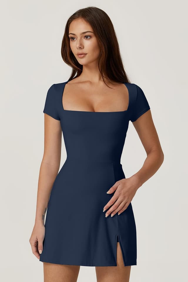 Detalle de QINSEN Women’s Square Neck Tennis Dress with Built-In Shorts and Pockets