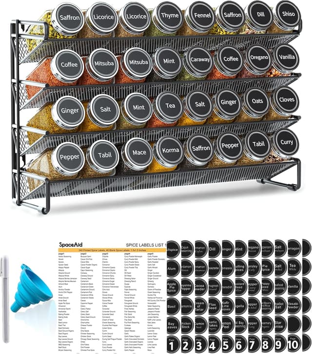 Detalle de SpaceAid SpaceAid Spice Rack Organizer (32 Glass Jars + Labels, Chalk Marker & Funnel) for Cabinet, Countertop, Pantry