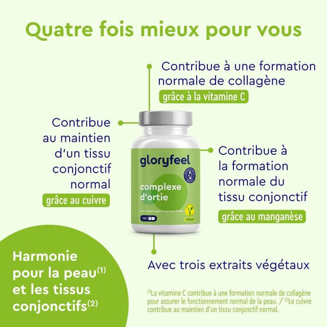 Detalle de Extrait d’Ortie en capsules véganes (10:1) avec Vitamine C, Manganèse & Cuivre – 120 capsules