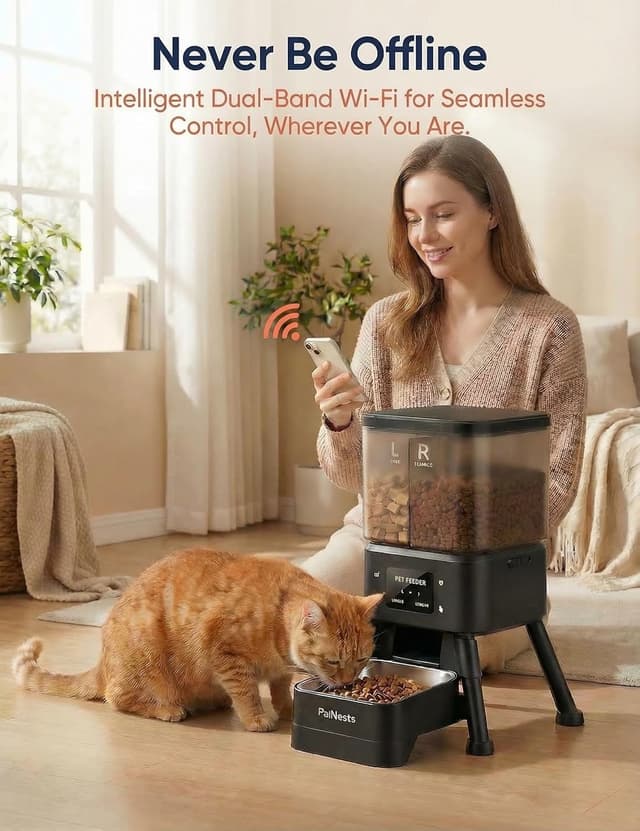 Detalle de Automatic Cat Feeder Dual Hopper (PalNests) – 4L Smart WiFi Dry Food Dispenser with Timer