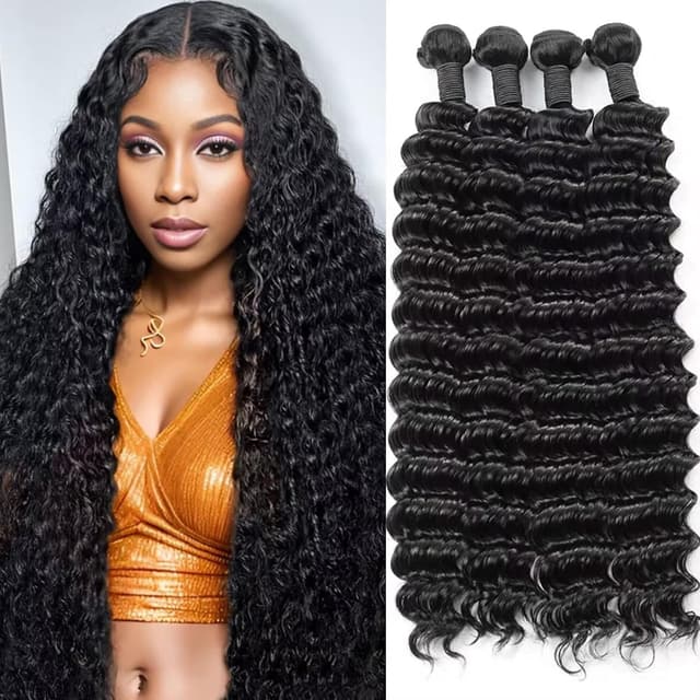 Detalle de 12A Deep Wave Human Hair Bundles (24–30 inch) — Unprocessed Brazilian Virgin Deep Curly, 4-Pack Weave Extensions