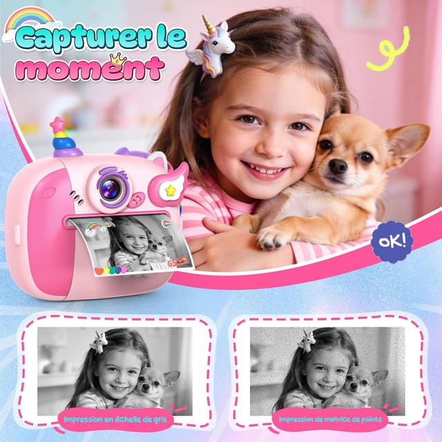 Detalle de Wootoyz Sofortbildkamera Einhorn – Kinderkamera mit Sofortdruck, 32 GB Karte, rosa