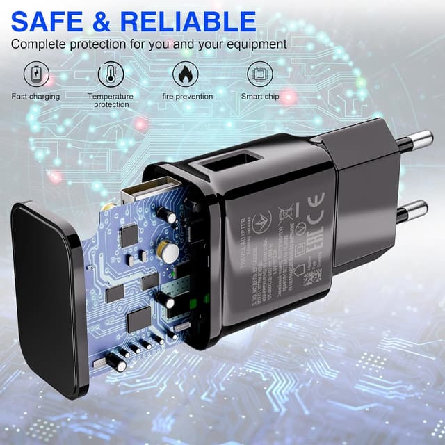 Detalle de 2-Pack chargeur USB-C rapide adaptatif avec câble USB-C 2 m (nylon) compatible Samsung Galaxy et autres appareils USB-C