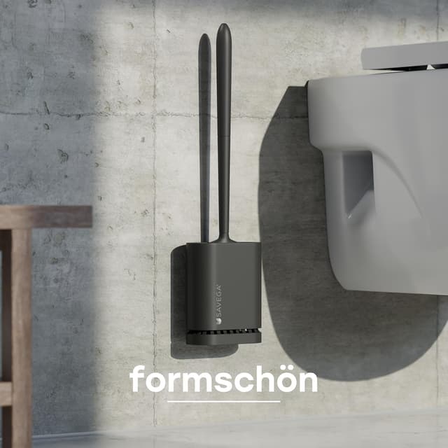 Detalle de SAVEGA Silikon-Klobürste mit flachem, flexiblem Kopf und klebbarer Wandhalterung (schwarz matt) – 1er Set