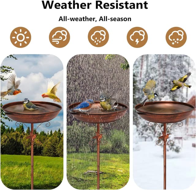 Detalle de Newthinking 40-inch freestanding metal bird bath with 5-pronged base and vintage-style relief bowl