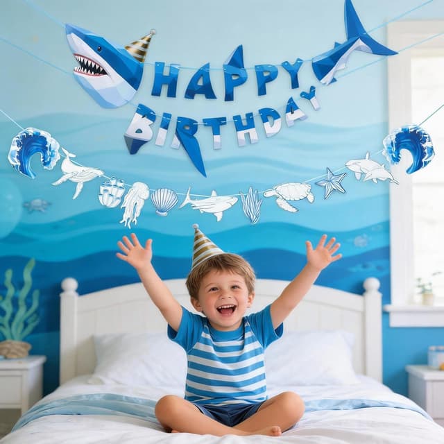 Detalle de SUNBEAUTY 3D Hai „Happy Birthday“ Banner Shark – Ozean-Thema Girlande für Kindergeburtstag, Classroom & Baby Shower