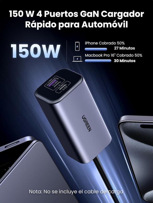 Detalle 2 de UGREEN Cargador Coche 150W ⚡ Carga Rápida con 4 Puertos