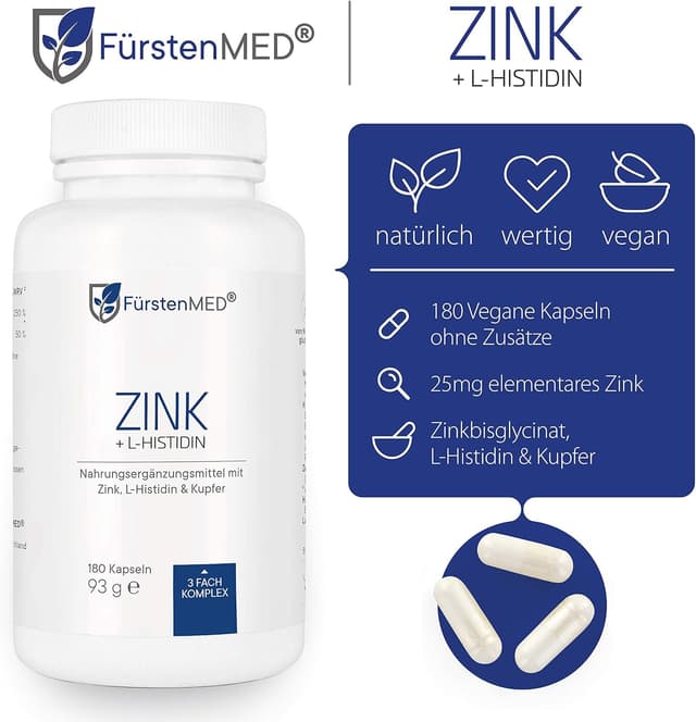 Detalle de FürstenMED® 180 Zink Kapseln hochdosiert (25 mg) aus Zinkbisglycinat mit L-Histidin und Kupfer