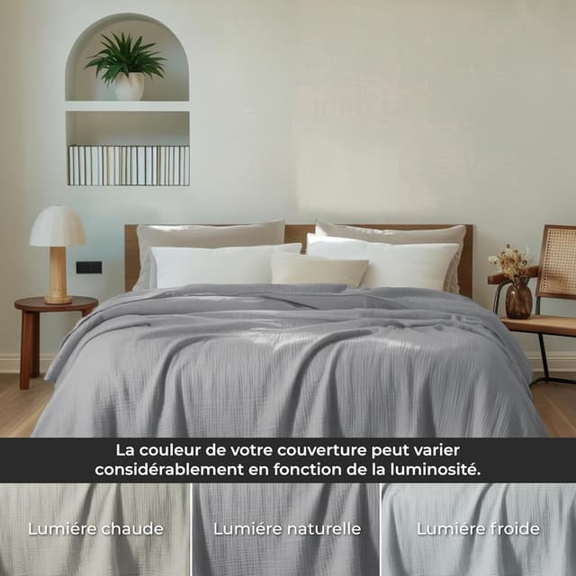 Detalle 2 de Dreamzie couverture en mousseline 4 couches 127x177 cm – coton léger, respirant et Oeko-Tex gris clair