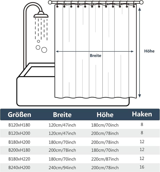 Thumbnail 6 de REDKEY Duschvorhang 240x200 cm mit Gewichtsleiste unten, anti-schimmel, waschbar (PVC/ Textil), grau – 16 Haken