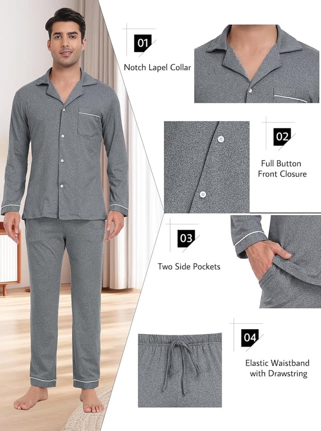 Detalle de Wikoan Pyjama Hiver Homme Long en ensemble boutonné (haut manches longues + pantalon)