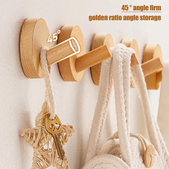 Detalle 2 de XJLyaya 4er Set Garderobenhaken Holz (Handtuchhalter, ohne Bohren) – für Flur, Schlafzimmer & Wohnzimmer