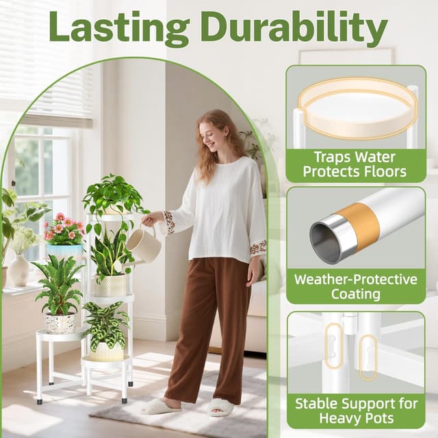 Detalle de iDavosic.ly 5‑Etagen Metall‑Pflanzenständer (rund, weiß) für Zimmerecke, Balkon und Terrasse
