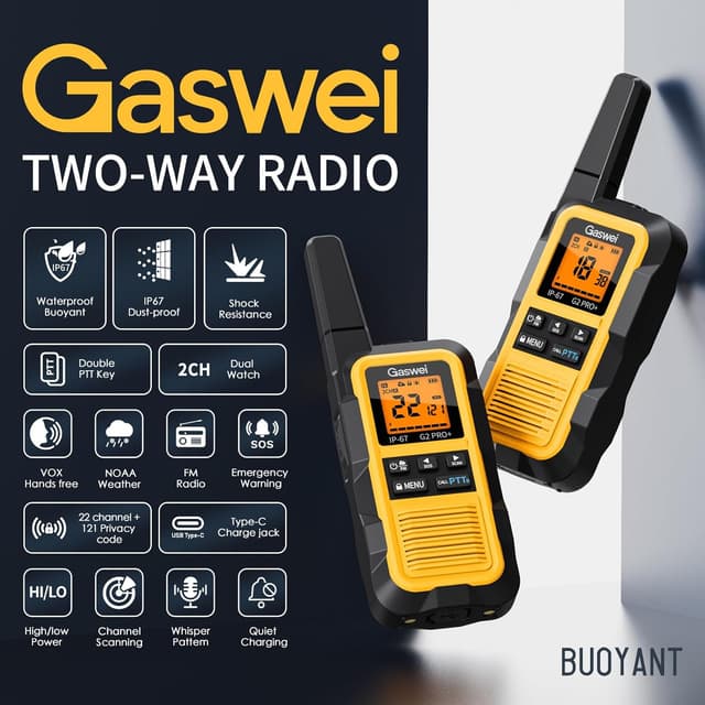Detalle de Gaswei G2pro+ IP67 Floating Heavy-Duty Walkie Talkies (2-Pack, Yellow) for Adults with FRS, NOAA Weather, SOS