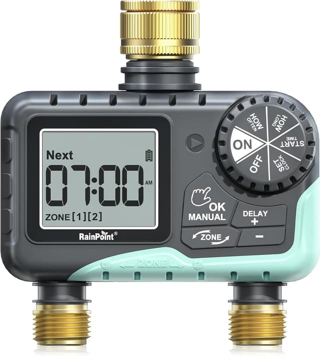 Detalle de RAINPOINT Water Timer 2 Outlets – IP65 garden hose irrigation timer with brass inlet/outlet