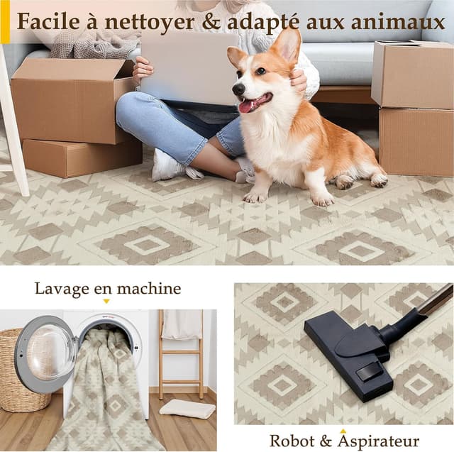 Detalle de PureCozy Tapis de salon 120x170 cm beige brun, poil ras antidérapant et lavable en machine