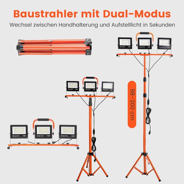 Thumbnail 6 de ETOOLAB LED-Baustrahler mit Stativ, 30.000 lm (3×75 W), 98–200 cm höhenverstellbar, IP66